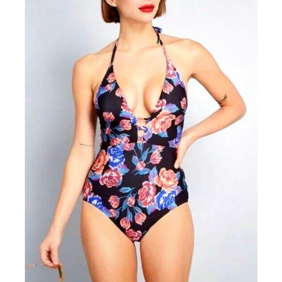 Modcloth Women Pamela One Piece Swimsuit Bathing Suit Size L Floral Halter Black - Picture 2 of 7